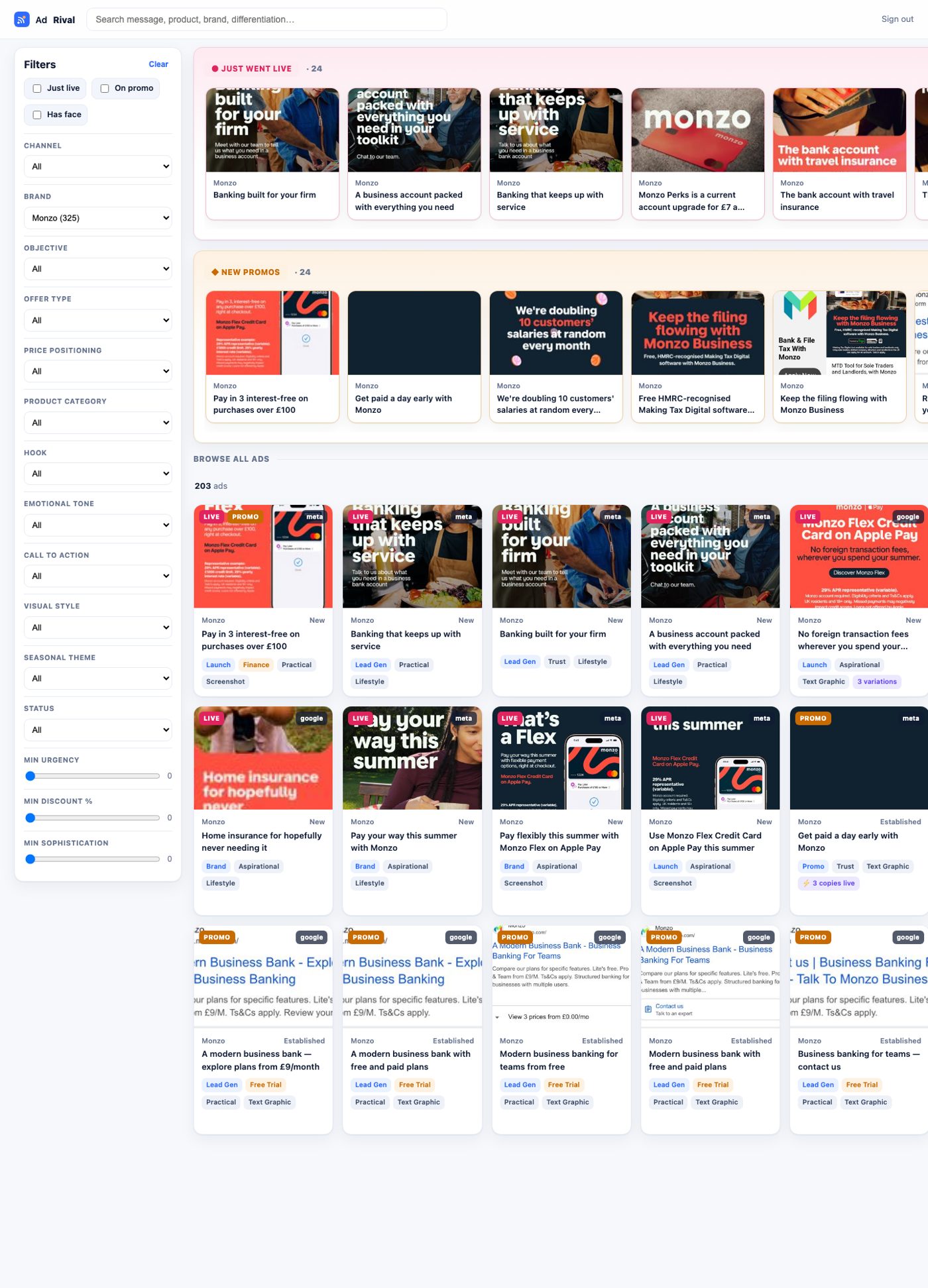 The full AdRival ad wall: strategy chips on every competitor ad, filters for channel, objective, offer, tone and urgency