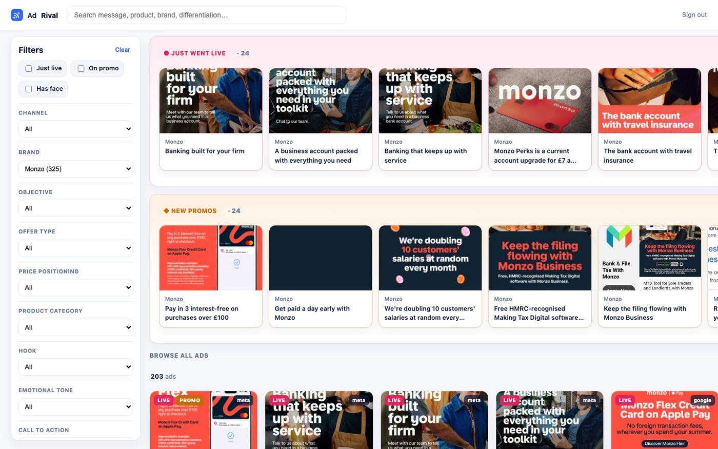The AdRival client portal: filter rail, just-went-live ads and new promos across competitor brands